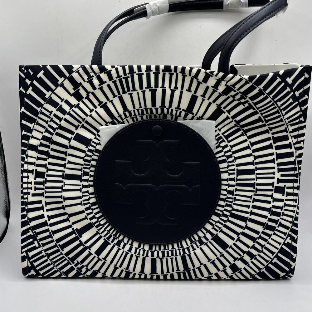 Tory Burch Ella Printed Tote Bag Navy Blue Beige Circles Gingham Nylon Leather - Picture 11 of 12